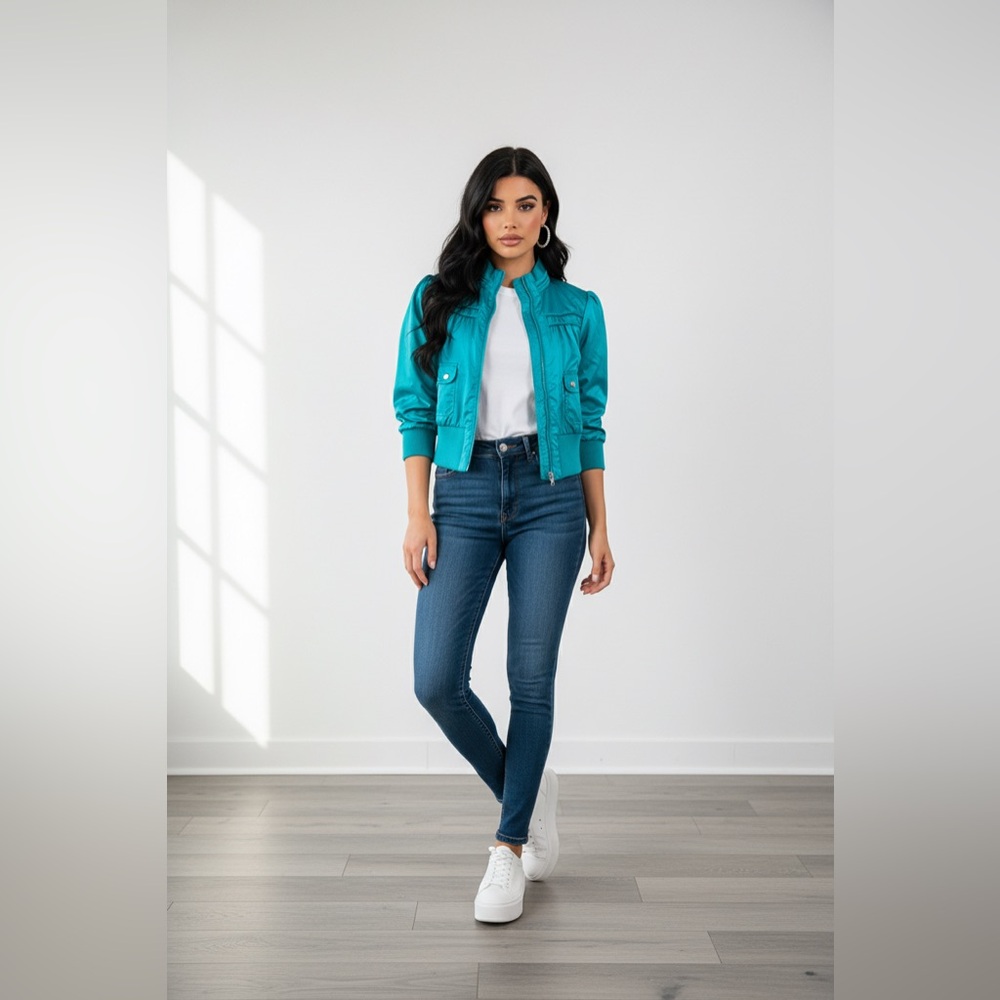 Y2K Sleeve Retro XL Satin Utility Jacket Teal Blue